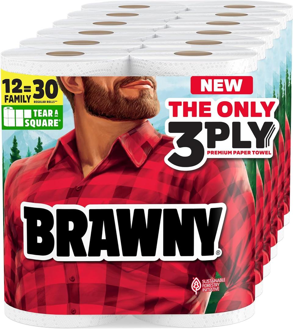 Brawny Tear-A-Square 3-Ply Paper Towels, 12 XL Family Rolls = 30 Regular Rolls, Strong, Absorbent, and Durable with 3 Sheet Sizes (Quarter, Half, Full)