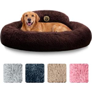 PetJett Dog Beds Large Sized Dog - 36'' Calming Round Bed, Anti-Slip & Washable Super Soft Donut Bed, Fluffy Faux Fur Anti-Anxiety Premium Comfort Pet Bed, Fits Dogs up to 80 lbs - Brown