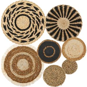7 Pcs Boho Wall Basket Decor, Rattan Wicker Boho Wall Decor, Hanging Woven Basket Wall Decor, Round Handmade Wall Art for Living Room Bedroom Display Table Settings Home Christmas Decoration (Black)