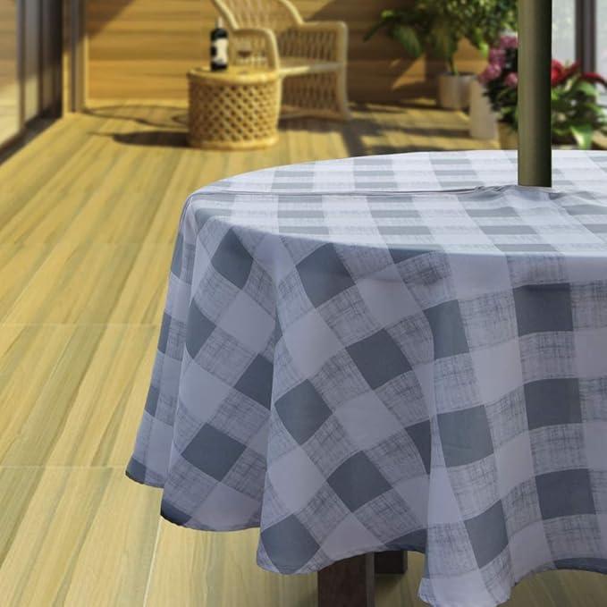 Hipinger Outdoor Tablecloth with Umbrella Hole and Zipper for Spring Summer Patio Garden Tabletop Decor, Patio Table Cloth,Heavyweight Stain Resistant Waterproof,60 Inch Round, Grey Checkered