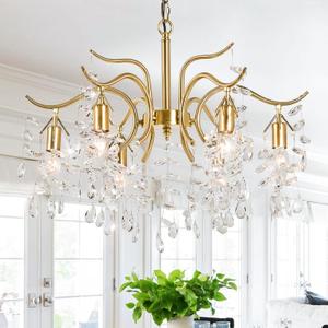Tree Branch Crystal Chandeliers 22in Modern Gold Chandelier Light Fixtures E12 6-Light Ceiling Hanging Pendant Light for Living Room Foyer Dining Room