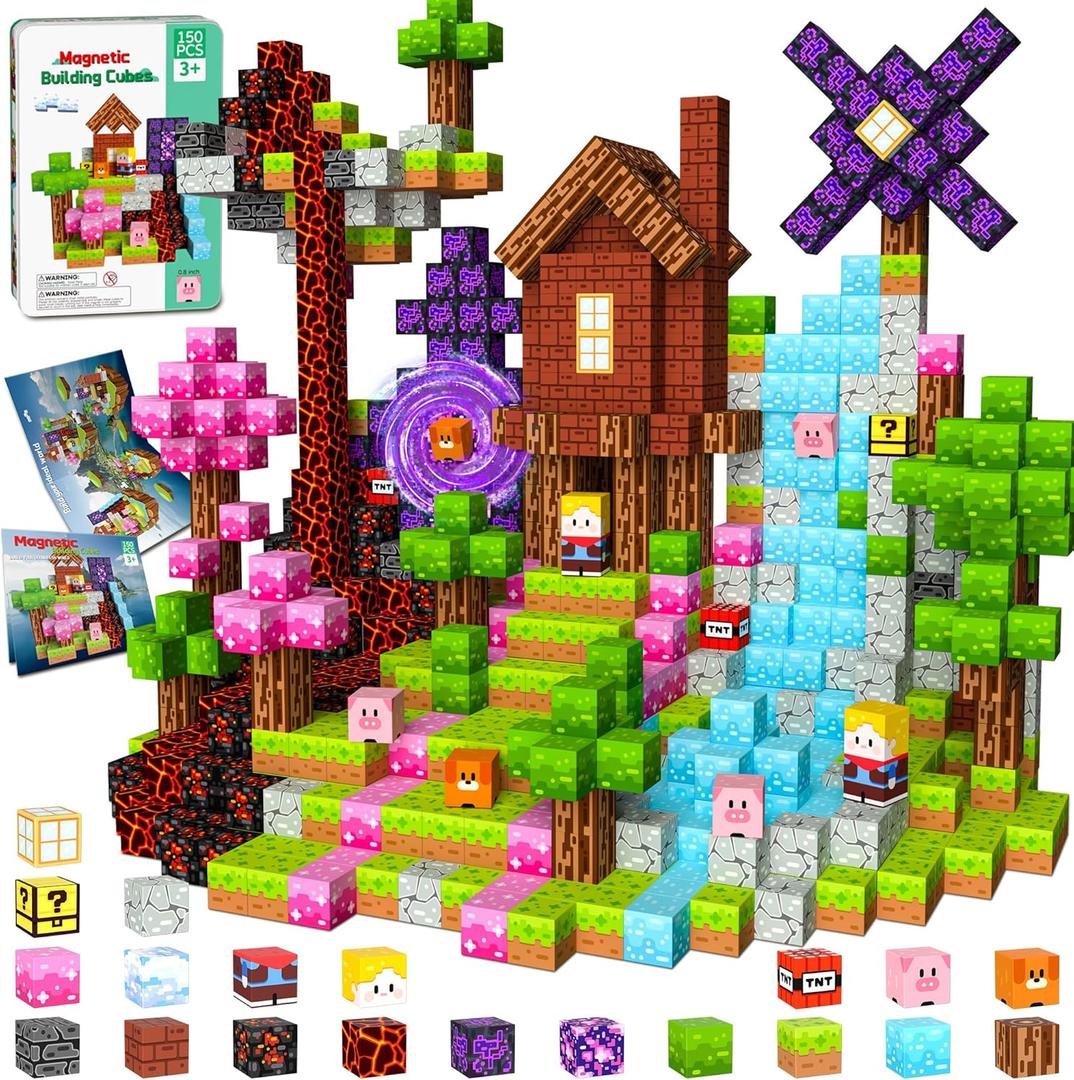 OUGUI 150 PCS Magnetic Blocks Building Block Kids - Magnet Cubes Boy Girl Constructions Toys STEM Montessori Educational Stacking Sensory Toy for Ages 3 4 5 6 7 8 9 10 11 12 Christmas Birthday Gift