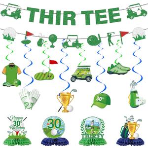 Golf 30th Birthday Decorations Men - 14 Pcs Golf Themed Thir Tee Banners, Hanging Swirls, Honeycomb Table Centerpieces for Him Men 30 Birthday Celebration Sports Party Supplies Decoration