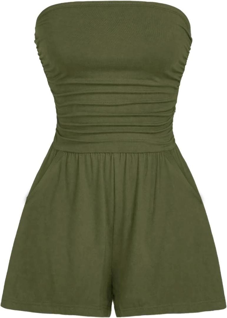 AUXDIO Women Summer Casual Strapless Romper Sleeveless Off Shoulder Short Jumpsuits 2026 Beach Vacation Clothes (Green, L)