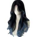 Black Blue Ombre Long Wavy Wig for Women Middle Part Synthetic Curly Hair Wig Curtain Bangs Natural Looking Heat Resistant Wigs for Daily Use