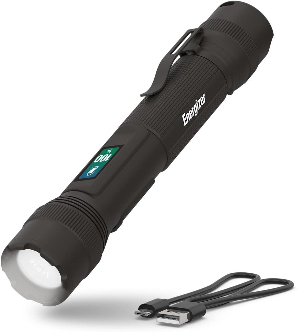 Energizer X1000 Rechargeable LED Flashlight with Power Indicator, Super Bright Flashlight, IPX4 Water Resistant, Rugged Light for Outdoors, Emergencies