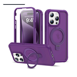 Compatible with iPhone 15 Pro Max Case with Magnetic Ring Stand [Compatible with Mag-Safe] [Built-in Screen Protector] Military-Grade Shockproof Translucent Matte Phone Case, Dark Purple