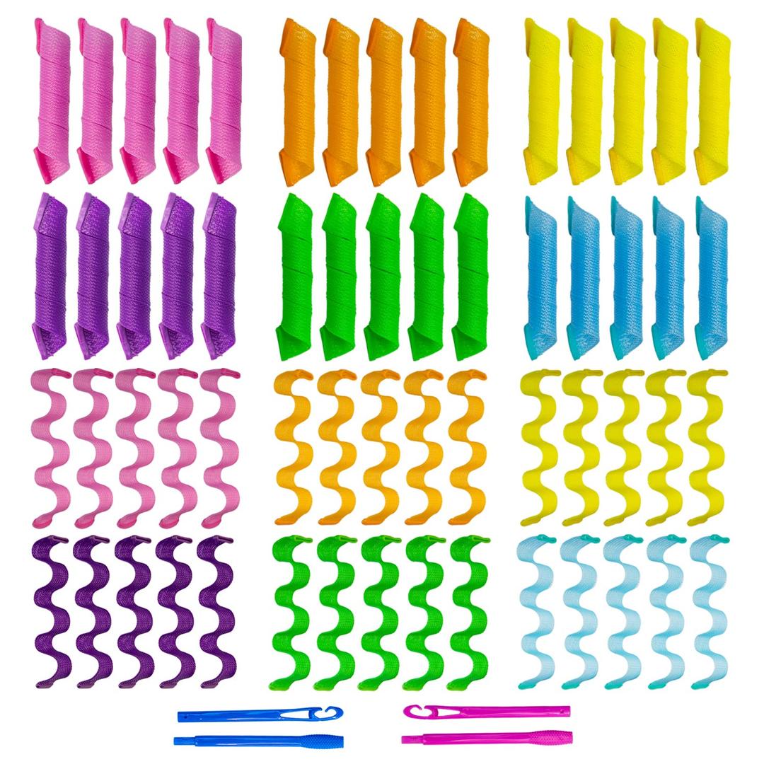 60pcs Heatless Hair Curlers Spiral and Wave Styling Kit 2 Styles No Heat Curlers with 2 Pieces Hooks for Women Girl's Short Medium and Long Hair((12 Inch/30 cm)