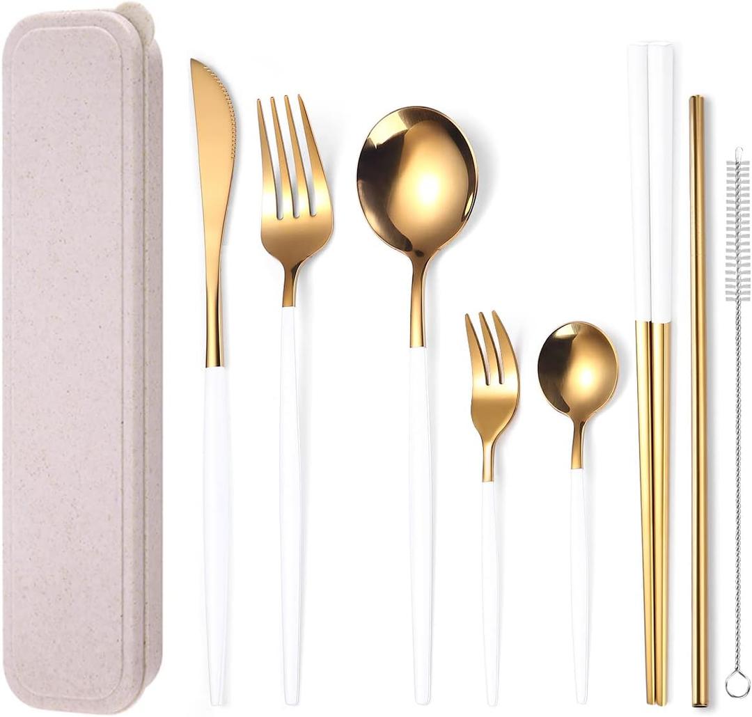 AARAINBOW 8 Pieces Stainless Steel Flatware Set Portable Reusable Cutlery Set Travel Utensils Set Including Chopsticks Knife Fork Spoon Straws Cleaning Brush Dishwasher Safe (White Golden)