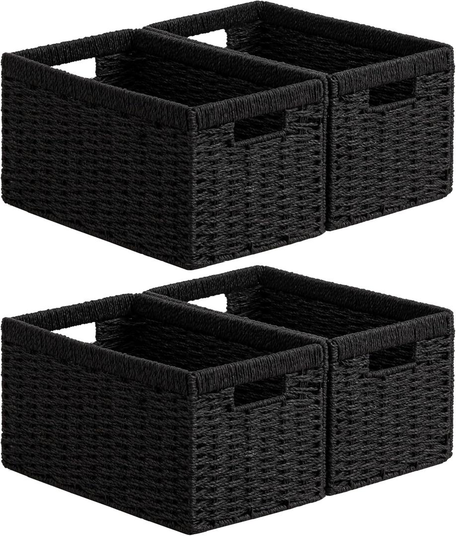 joybest Black Wicker Storage Baskets, Rectangular Wicker Baskets with Built-in Handles,Paper Rope Baskets for Organizing 4 Pack, 13.4L x 8.3W x 7.1H