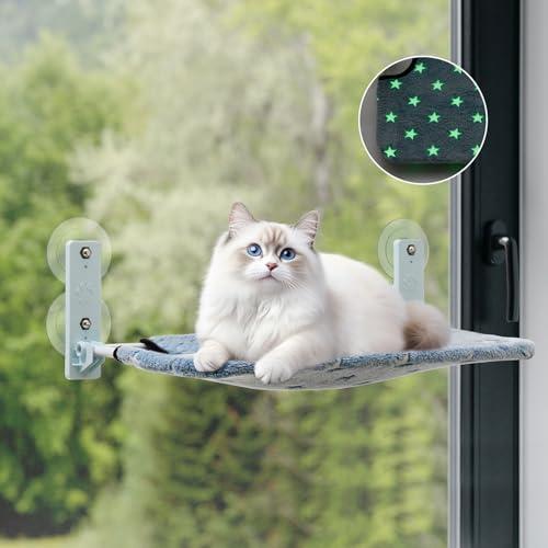 Goodhipi Glow in The Dark Cat Window Perch, Large Foldable Hammock Bed with 4 Strong Suction Cups and Warm Soft Zipper Removable Cushion for Indoor Cats (Stars)
