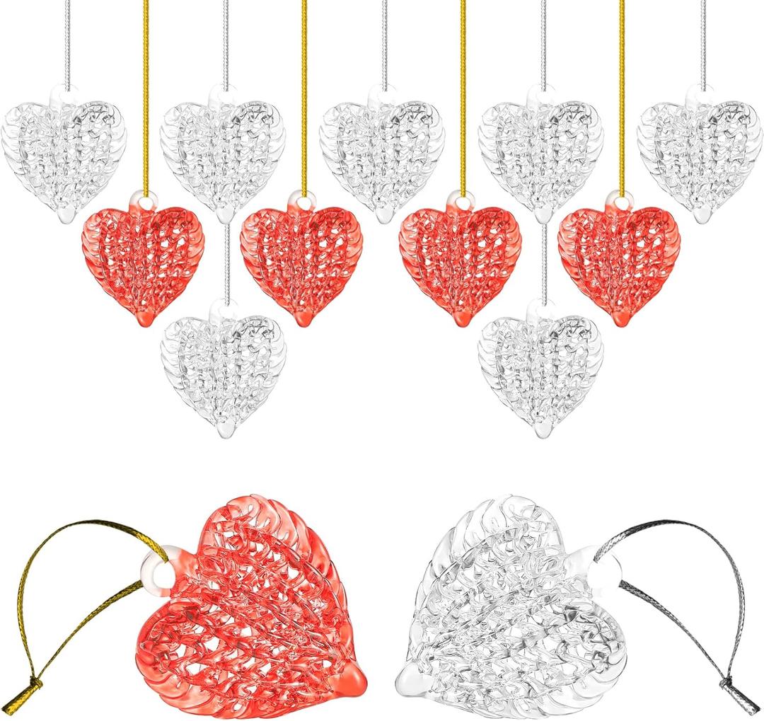 24 Pieces Valentine's Heart Glass Ornaments Set Spun Hanging Ornaments Heart Shaped Valentines Day Tree Decor Transparent Decoration for Holiday Party(Clear, Red)