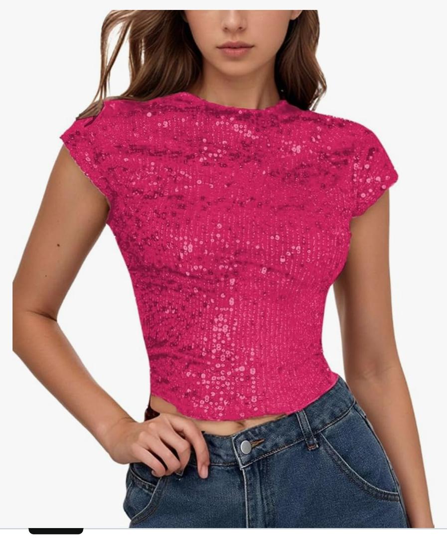 WDIRARA Women's Sequin Boat Neck Shirts Sparkle Glitter Backless Tee Cap Sleeve Crop Tops M