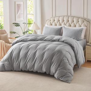 PURE ERA Jersey Knit Duvet Cover Set 100% T-Shirt Cotton Super Soft Comfy 3pc Bedding Set with Zipper Closure (Heather Grey, Full)