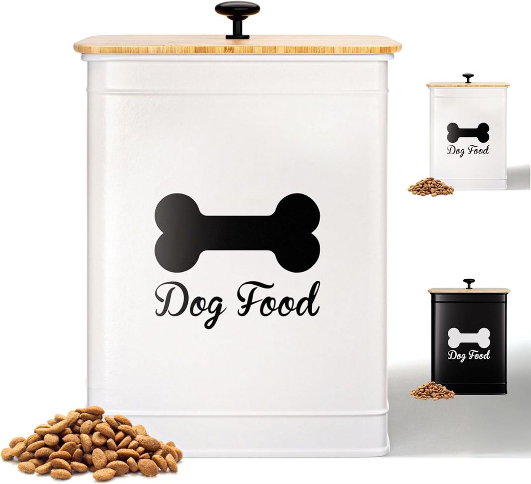 Dog Food Container Airtight 5-7 lb (25 Cup) Capacity - Cute Airtight Dog Food Storage Container with Bamboo Lid & Sturdy Metal Handle - White Metal Kibble Storage Bin for Dogs up to 50 lbs - Pet Jar (White)