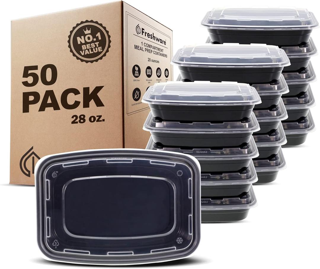 Freshware Meal Prep Containers [50 Pack] 1 Compartment with Lids, Food Storage Containers, Bento Box, BPA Free, Stackable, Microwave/Dishwasher/Freezer Safe (28 oz) (28OZ [50BK])
