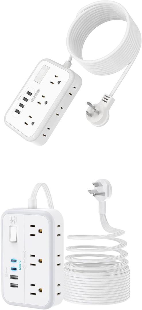 Extension Cord 25 ft & 10 ft, NTONPOWER Surge Protector Power Strip with 6 Widely Outlets 4 USB Ports(2 USB C), Flat Plug, Wall Mounted, Side Outlet Extender for Indoor, Home Office, Dorm Room Essenti