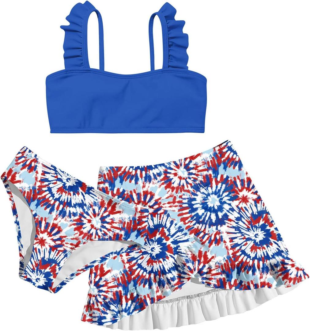 ALISISTER Girls Swimsuit 3 Piece Bathing Suits for 5-12 Years Hawaiian Bikini Set with Cover Ups Skirt (Usa Flag-4)