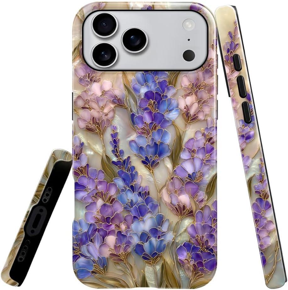 Compatible with iPhone 17 Pro Max Case,Glossy Case All-Round Protection Shockproof Anti-Scratches TPU Cover,Cases for Man Woman-Lavender Flower Blossom Stained Glass