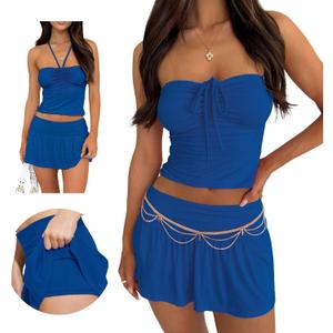 Hafailia Summer Two Piece Outfits for Women Y2K Going Out Tie Ruched Tube Crop Tops Low Rise Pleated Mini Skort Skirt Sets (Small, Blue)