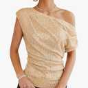 GRACE KARIN One Shoulder Sequin Sparkly Tops for Women Ruched Asymmetrical Glitter Tops Slimming Sparkle Party Shirts, L