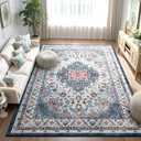 Area Rugs for Living Room, 4x6 Washable Non Slip Vintage Rugs, Low Pile Ultra Soft Indoor Print Pattern Carpet for Bedroom, Entryway, Office, Dining Room, Home Decor, Blue/Beige