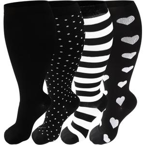 4 Pairs Plus Size Compression Socks for Women & Men, Extra Wide Calf 20-30 mmhg Knee High Compression Stockings for Circulation Swelling Support (2X-Large, A1 Assort 4 Pairs Black)