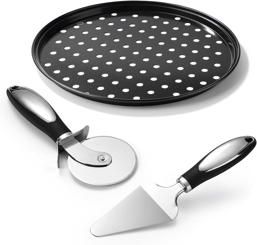 Round Pizza Pans with Holes, 10 Inch Stainless Steel Pizza Pans for Oven, 2PCS Pizza Wheel Cutter and Pie Server, Pizza Oven Accessories