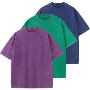 Men's Cotton T-Shirts Oversized Unisex Short Sleeves Casual Loose Wash Solid Basic Tee Tops (Purple+green+blue) S