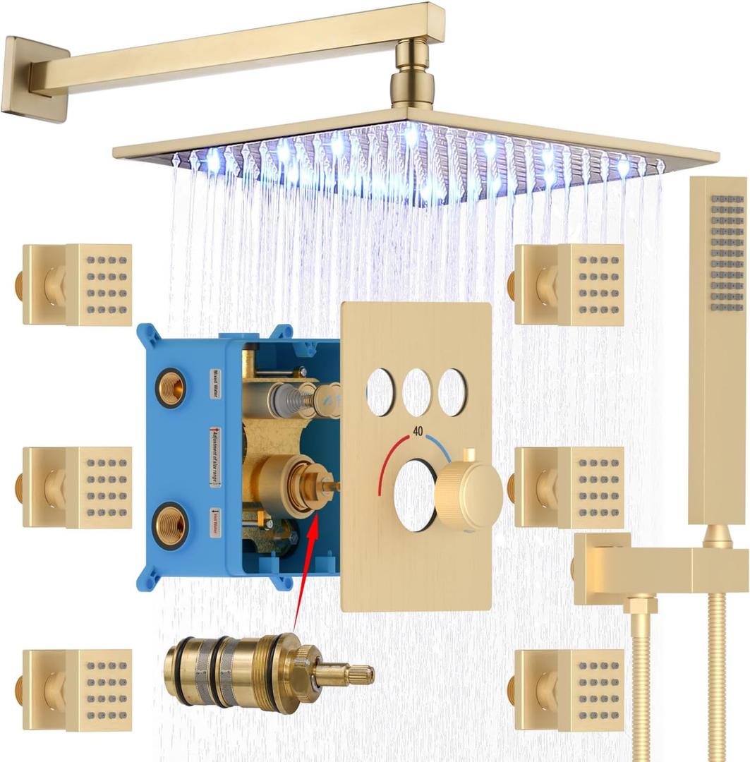 Enga Wall Mount Brushed Gold Rainfall Shower Head System Thermostatic Shower Can Use All Faucets At Same Time,12 Inch LED Square Showerhead with Handheld and Multi Body Spray Jets Combo Complete Set