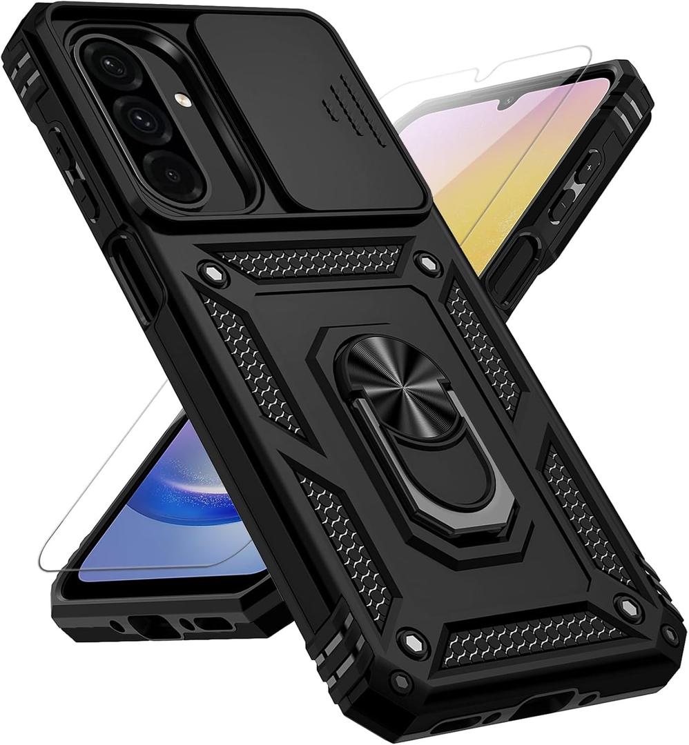 for Samsung Galaxy A17 / Galaxy A26 5G Case, with Slide Camera Cover HD Screen Protector [Military Grade Drop Tested] Ring Holder Kickstand Protective Phone Case for Samsung Galaxy A17, Black
