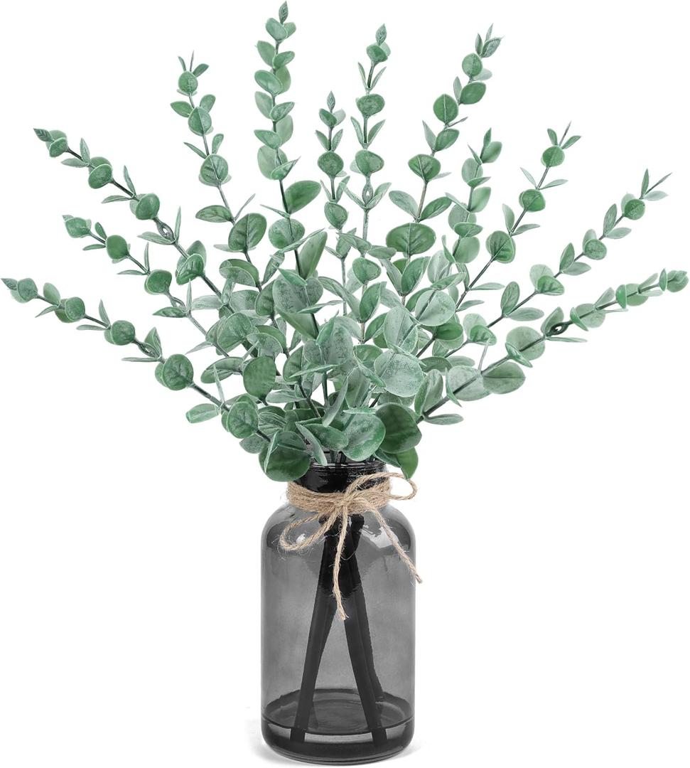 Der Rose 14.5" Fake Plants in Black Glass Vase with Faux Water Artificial Eucalyptus Stems for Centerpiece Table Decoration Black Bathroom Shelf Desk Farmhouse Decor (Sage Green)
