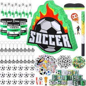 Hollowfly 162 Pcs Soccer Piata Soccer Party Favors with Blindfold Confetti Bat Mini Stress Balls Keychains Wristbands Whistles Eraser Slap Bracelet Stickers Sports Piata Birthday Party Decorations