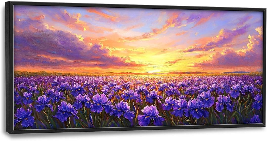 Iris Field Sunset Large Wall Art Purple Flower Framed Wall Decor for Living Room Iris Pictures Oversized Canvas Print Painting Modern Extra Large Framed Artwork for Bedroom Office 60"x30"