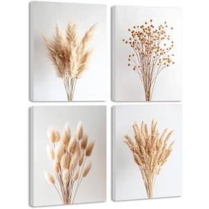 KUVIOKE Vintage Botanical Boho Framed Wall Art Set of 4 Wooded Brown Natural Minimalist Aesthetic Floral Prints Farmhouse Retro Plants Rustic Home Decor Ready to Hang 8x10inx4pcs (Framed) (Farmhouse Flower - Standard)