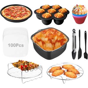 Air Fryer Accessories for Cosori, 10 Piece Square Accessories for COSORI 5.8 QT 6.0 QT, Instant Vortex Plus 6QT and Larger Air Fryers, Including Cake & Pizza Pan, Rack & Skewer, Egg Bite Mold, etc.