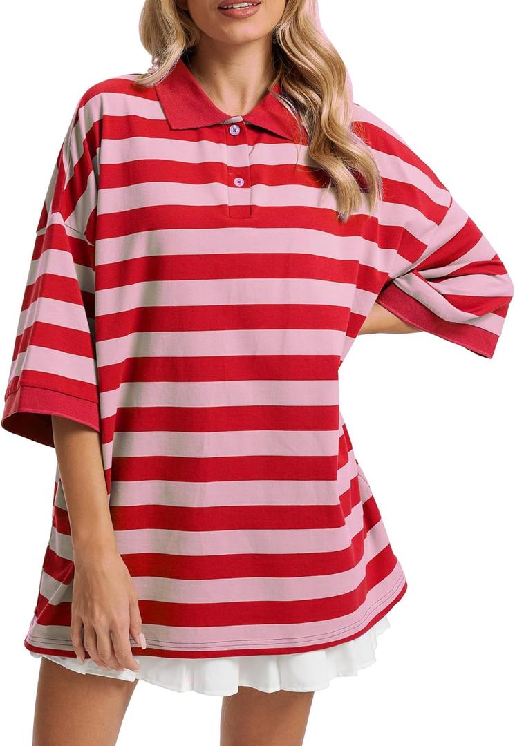 Womens Striped Polo T-Shirts Oversized Short Sleeve Top Cotton Color Block Loose Basic Tee Casual Tunics Summer Spring Tops (S)