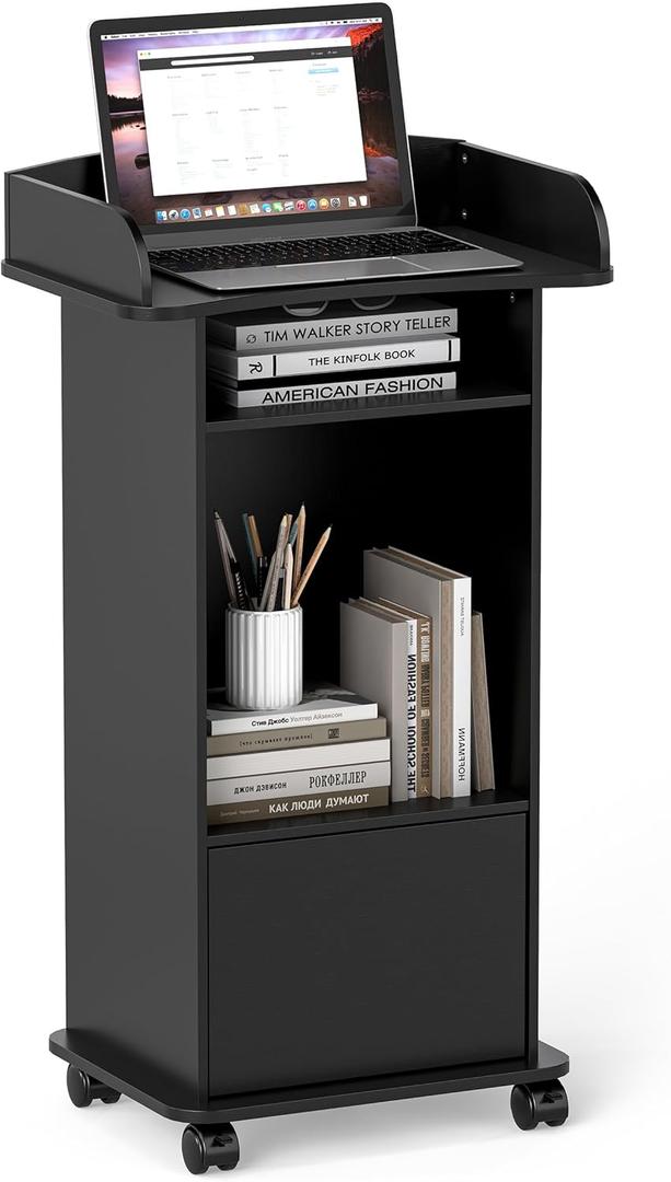 Podium Stand with Wheels Wooden Lectern Podium Stand Portable Pulpit Standing with Storage Mobile Reception Podiums Desk for Church Office School Conference Restaurant Meeting, Black