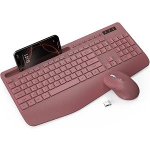 Wireless Keyboard and Mouse Combo - Full-Sized Ergonomic Keyboard with Wrist Rest, Phone Holder, Sleep Mode, Silent 2.4GHz Cordless Keyboard Mouse Combo for Computer, Laptop, PC, Mac, Windows -Trueque (1 PACK, Brick Red)