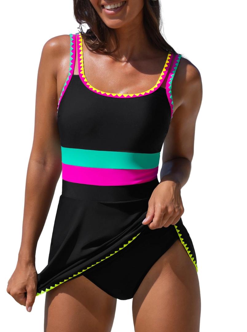 Popvil Women One Piece Swimsuit 2026 Tummy Control Bathing Suit Neon Modest Swim Dress with Skirt Full Coverage Size L