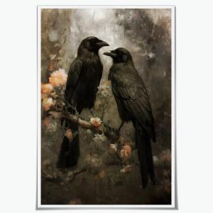 Dark Academic Wall Art Black Crow Poster Gothic Halloween Room Decor Raven Couple in Forest Canvas Print Vintage Rustic Wildlife Painting for Bedroom Living Room Dorm 16x24inch Unframed