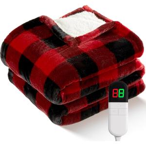 Electric Heated Sherpa Buffalo Plaid Christmas Throw Blanket with 8 Heating Levels & 8 Hours Auto Off, Fast Heating Warm Plush Washable Blanket with Over-Heat Protection, ETL Certification, Red (Throw-50" x 60")