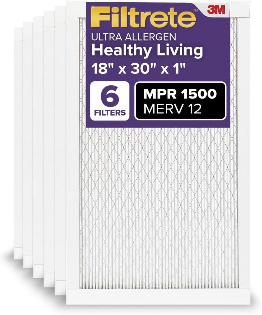 Filtrete 18x30x1 AC Furnace Air Filter, MERV 12, MPR 1500, CERTIFIED asthma & allergy friendly, 3 Month Pleated 1-Inch Electrostatic Air Cleaning Filter, 6-Pack