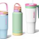 CAROTE 3-Pack Insulated Stainless Steel Water Bottles with Upgraded Leakproof Tech, Car Holder Fit & Scratch-Resistant, 32/32/40 oz Travel Straw Tumblers Set for Home/Car/Outdoor (Macaron)