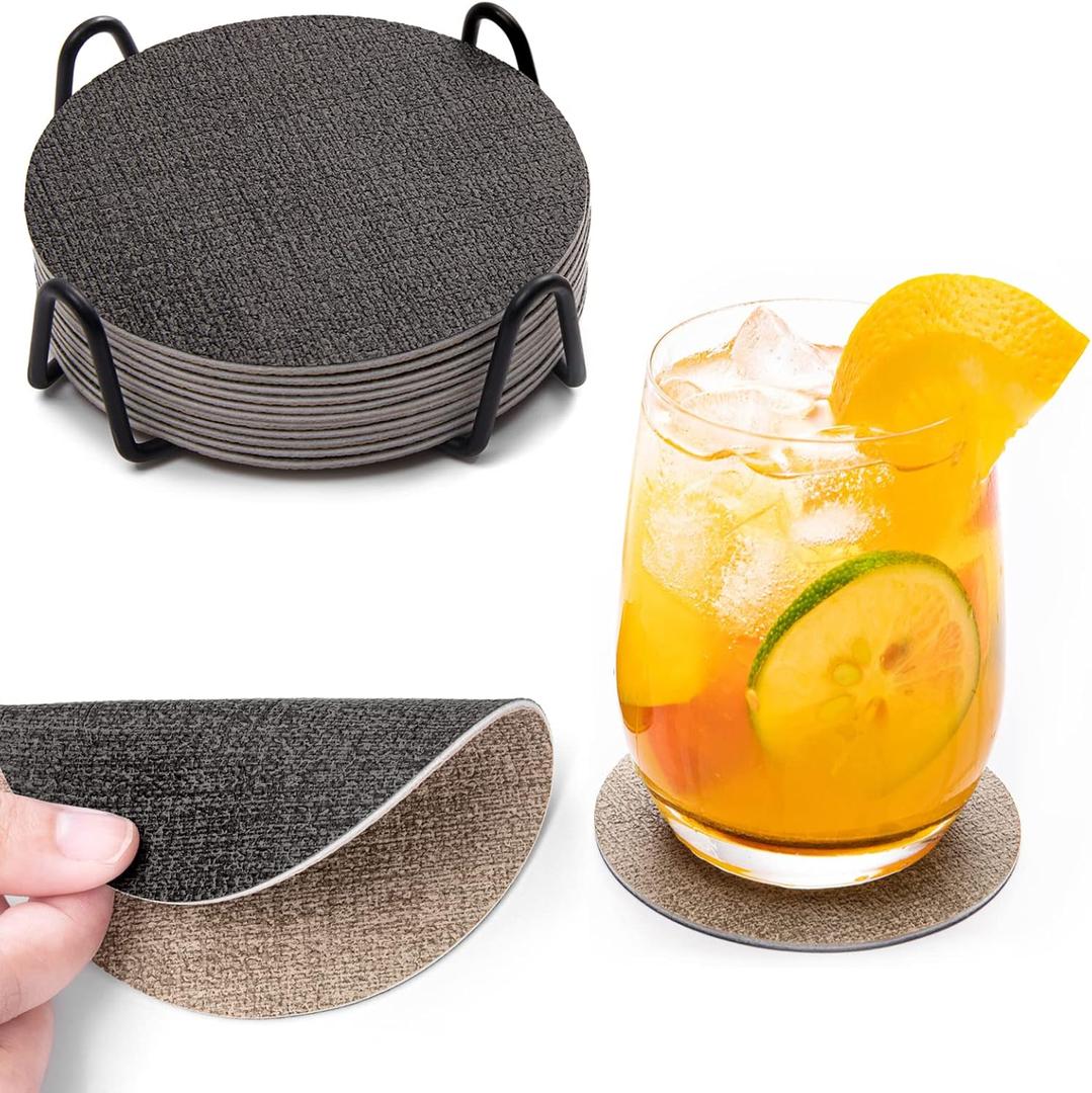 Drink Coasters, 12 Pcs with Holder, Dual Sided Non-Slip Washable Faux Leather Cup Coasters (Gray Beige)