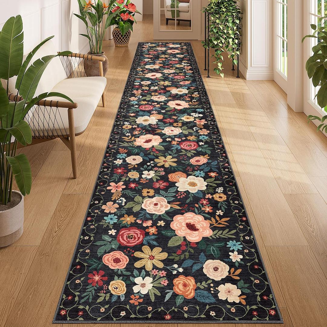 DUKINO 2x12 Washable Runner Rug, Ultra Soft Floral Runner Rug for Hallway, Boho Non Slip & Non Shedding Indoor Entryway Carpet for Kitchen, Laundry Room, Bathroom, Bedroom, Entrance, Black