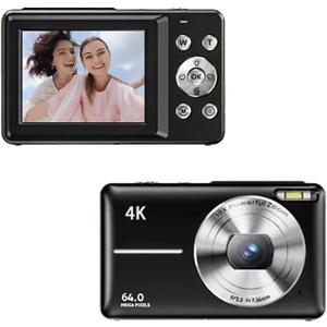 Digital Camera, Autofocus 64MP UHD 4K Vlogging Camera with 18x Digital Zoom, Anti Shake, Portable Camera for Photography, Two Batteries, Lanyard, Small Camera for Kids Teens AdultBlack