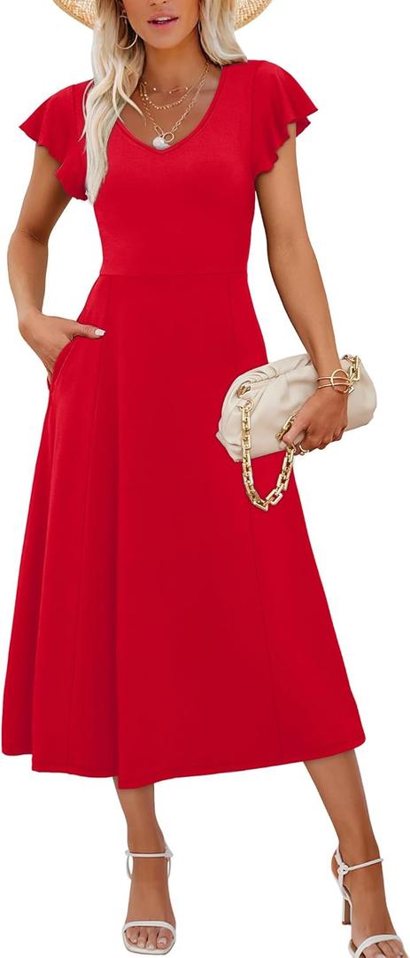 SAMPEEL Summer Dresses for Women 2025 Midi Maxi Dress Elegant Classy Ruffle Sleeve Tie Back Scoop Neck (Small, Red) SAMPEEL Summer Dresses for Women 2025 Midi Maxi Dress Elegant Classy Ruffle Sleeve Tie Back Scoop Neck (Small, Red)