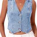 ELLEVEN Women’s Denim Vest V-Neck Crop Jean Vest Top Sleeveless Y2K Button Denim Jacket Summer Country Outfits (Blue, S)