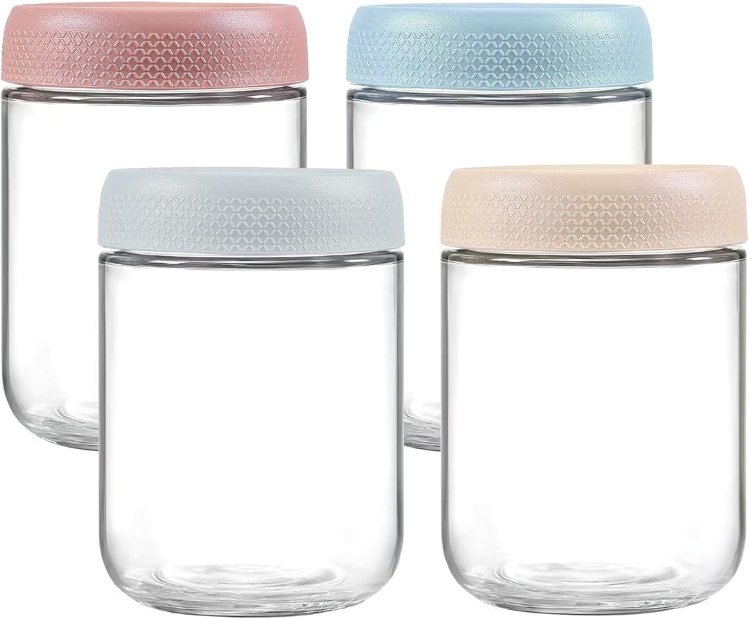 16 oz/480 ml Glass Storage Canister with Airtight Lid, 4 Pack Clear Overnight Oats Containers, Cute Decorative Mason Salad Jar for Snacks, Yogurt, Cereal, Fruit, Spice, Sugar, Coffee, Tea